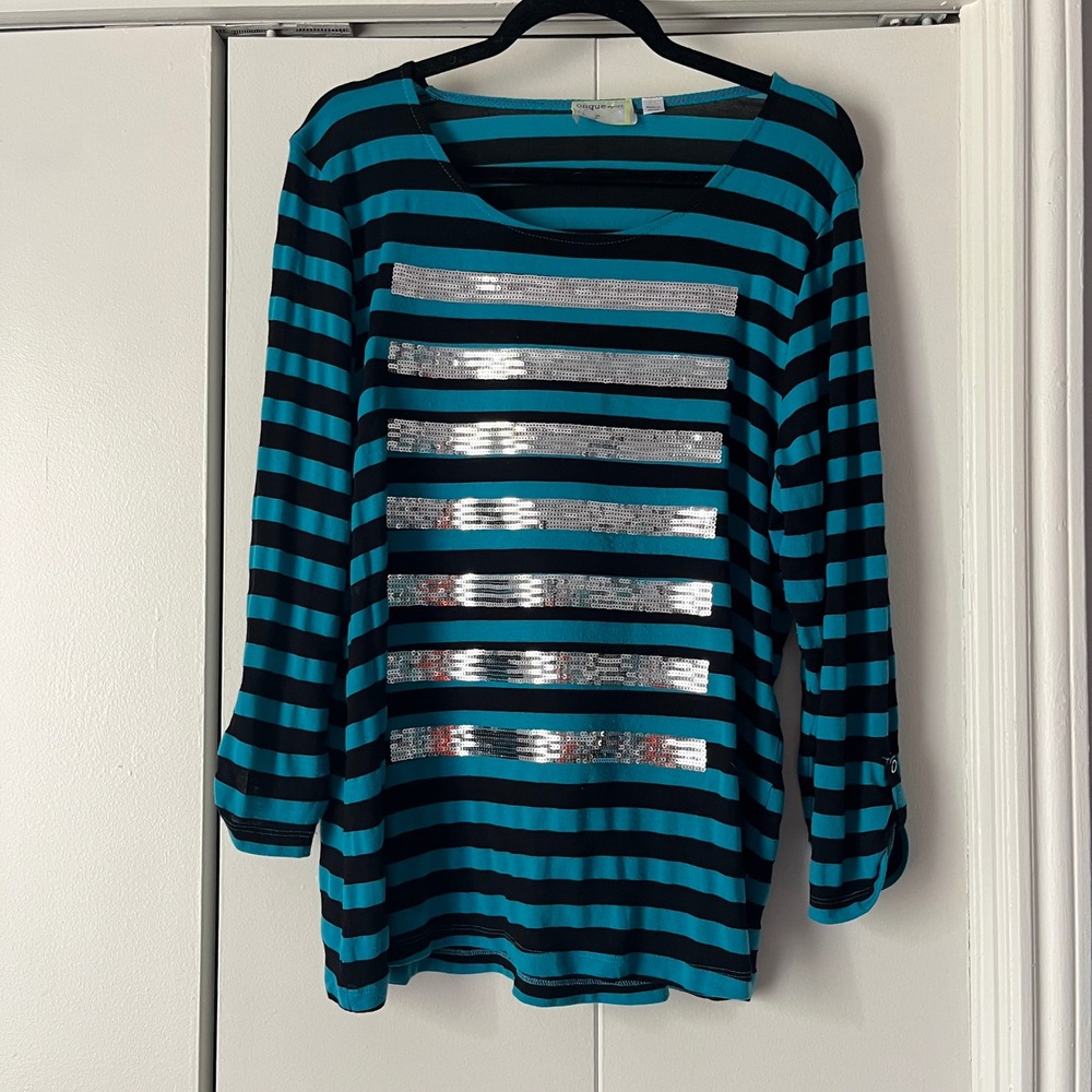 Onque Sport Sequin Striped Top Long Sleeve Tunic Blouse Casual XL